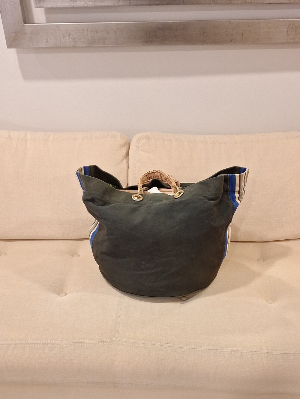 Everyday Canvas Tote in Dark Green with Blue Stripe Detail